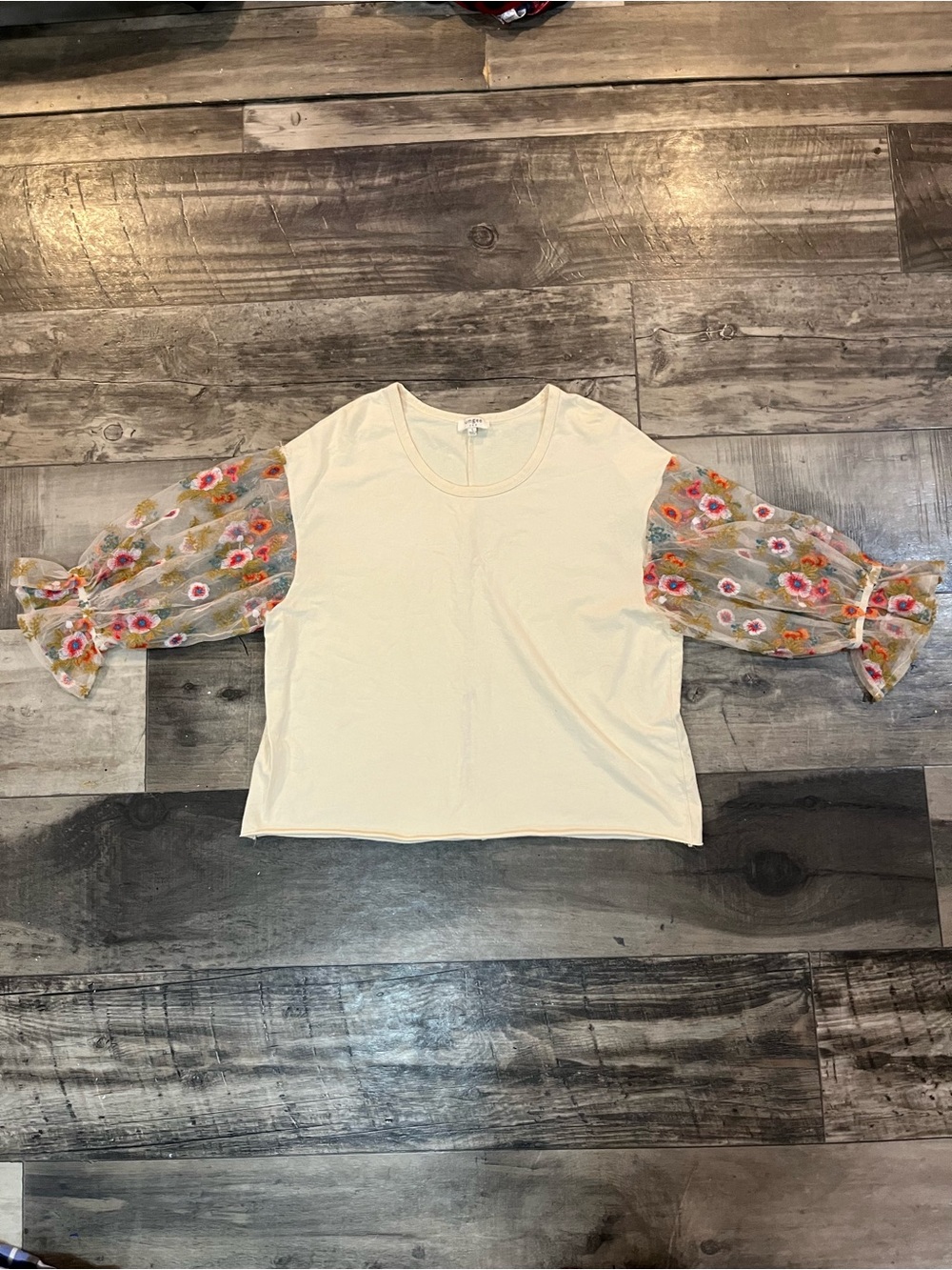 Umgee Women’s Large Cream Floral Embroidered Sheer Balloon Sleeve Boho Top
